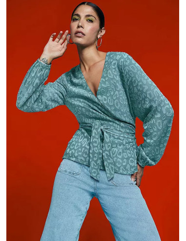 Freemans Blue Animal Jacquard Wrap Top