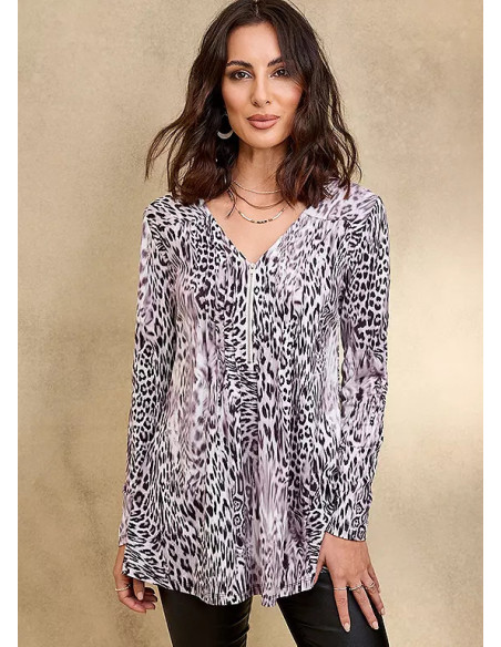 Together Grey Animal Zip Pintuck Blouse