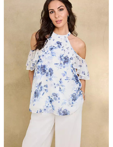 Together Blue Floral Print Cold Shoulder Blouse