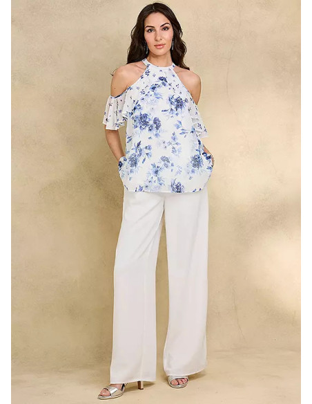 Together Blue Floral Print Cold Shoulder Blouse