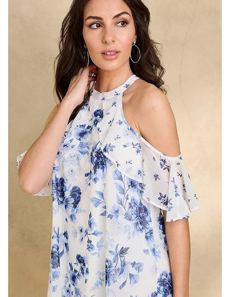 Together Blue Floral Print Cold Shoulder Blouse
