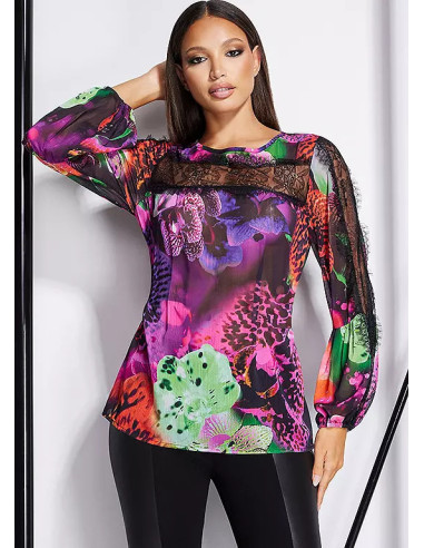 STAR by Julian Macdonald Lace Detail Multi Print Long Sleeve Top
