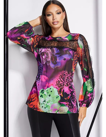 STAR by Julian Macdonald Lace Detail Multi Print Long Sleeve Top