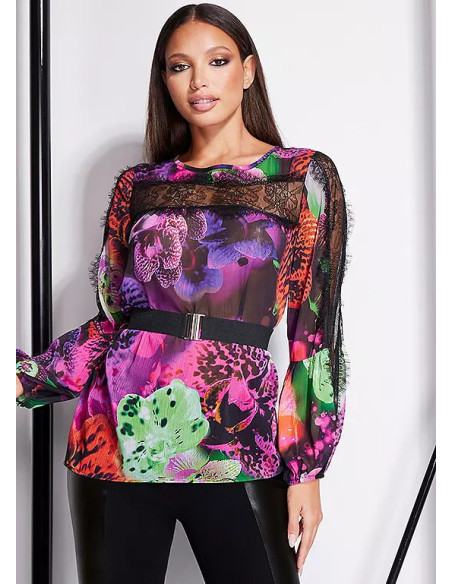 STAR by Julian Macdonald Lace Detail Multi Print Long Sleeve Top