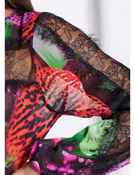 STAR by Julian Macdonald Lace Detail Multi Print Long Sleeve Top