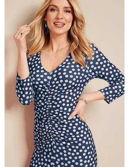 Kaleidoscope Navy/White Spot Ruched Front Dress