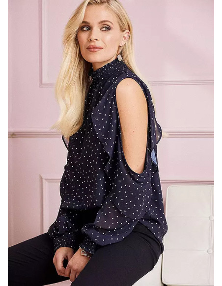 Together Navy Polka Cold Shoulder Plus Size Blouse