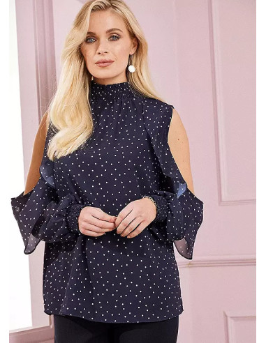 Together Navy Polka Cold Shoulder Plus Size Blouse