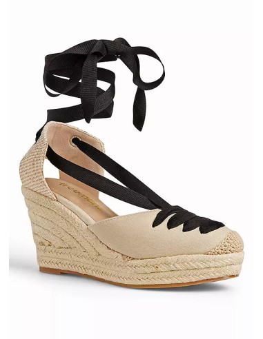 Freemans Cream and Black Lace Detail Espadrille Wedges