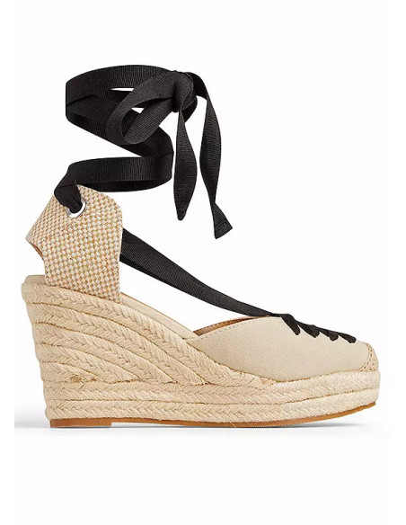 Freemans Cream and Black Lace Detail Espadrille Wedges