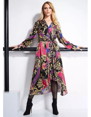 STAR by Julien Macdonald Baroque Print Mock Wrap Satin Midi Dress