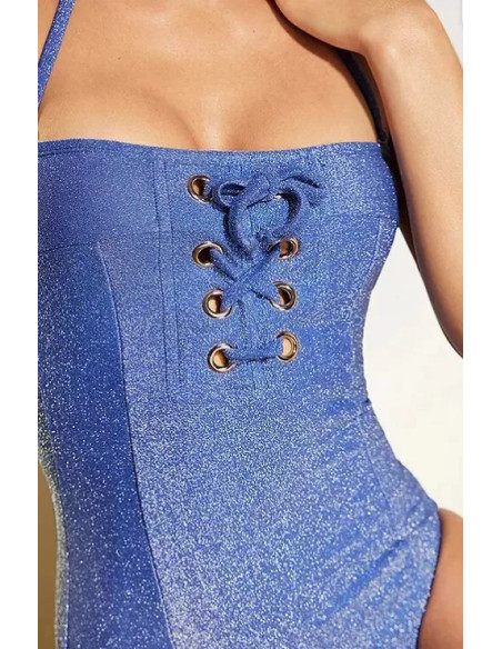 STAR by Julien Macdonald Blue Glitter Eyelet Bandeau Swimsuit