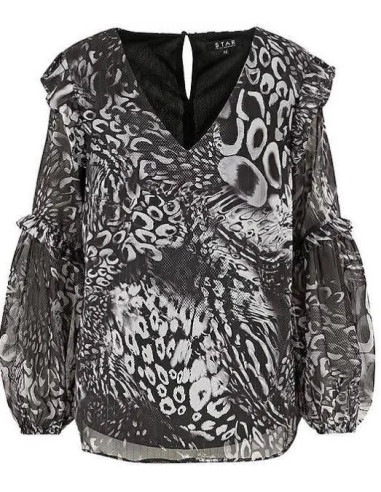 STAR by Julien Macdonald Mono Animal Print Ruffle V Neck Blouse