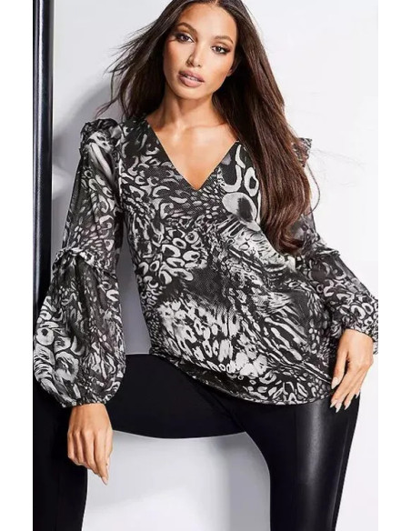 STAR by Julien Macdonald Mono Animal Print Ruffle V Neck Blouse