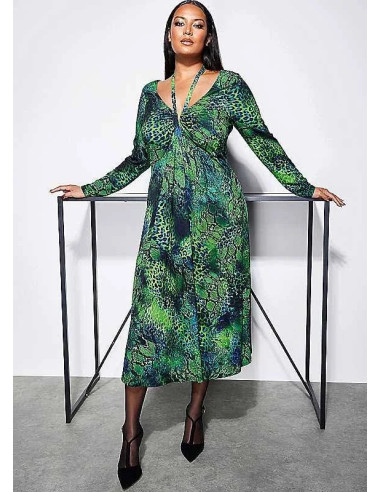 STAR by Julien Macdonald Green Snake Print Halter Neck Midi Plus Size Dress