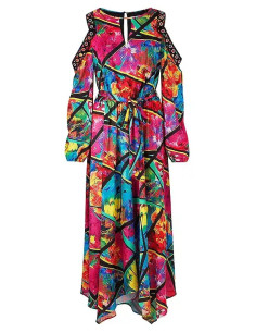 STAR by Julien Macdonald Tropical Print Cut-Out Shoulder Eyelet Detail Satin Dress