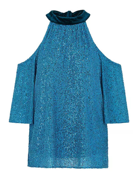 Kaleidoscope Blue Sequin Cold Shoulder Top