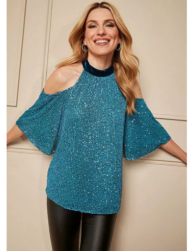 Kaleidoscope Blue Sequin Cold Shoulder Top