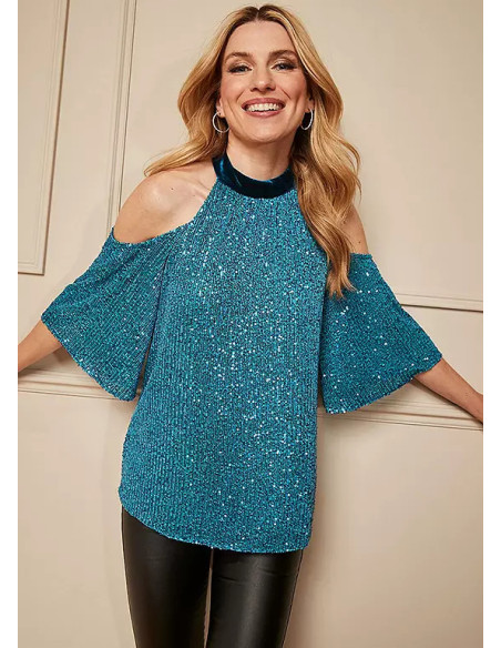 Kaleidoscope Blue Sequin Cold Shoulder Top