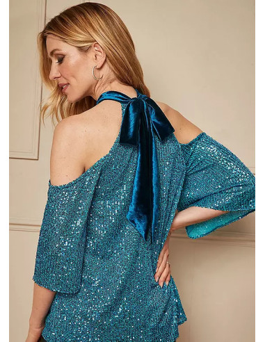 Kaleidoscope Blue Sequin Cold Shoulder Top