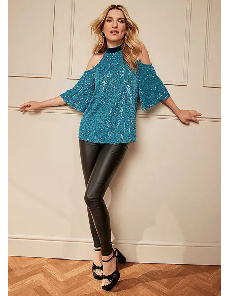 Kaleidoscope Blue Sequin Cold Shoulder Top
