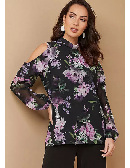 Together Occasion Dark Floral Printed Cold Shoulder Top