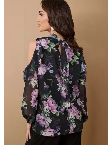 Together Occasion Dark Floral Printed Cold Shoulder Top