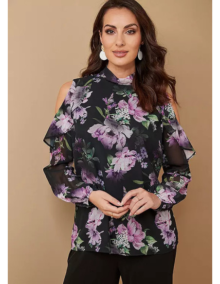 Together Occasion Dark Floral Printed Cold Shoulder Top