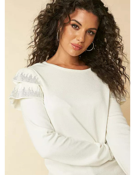 Kaleidoscope White Frill Shoulder Long Sleeve Jumper