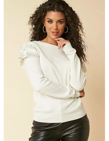 Kaleidoscope White Frill Shoulder Long Sleeve Jumper