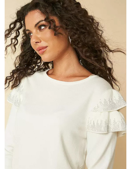 Kaleidoscope White Frill Shoulder Long Sleeve Jumper