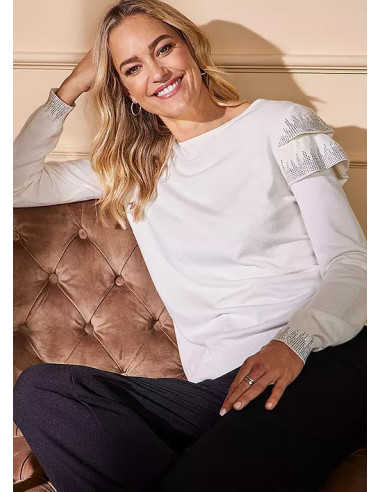 Kaleidoscope White Frill Shoulder Long Sleeve Jumper