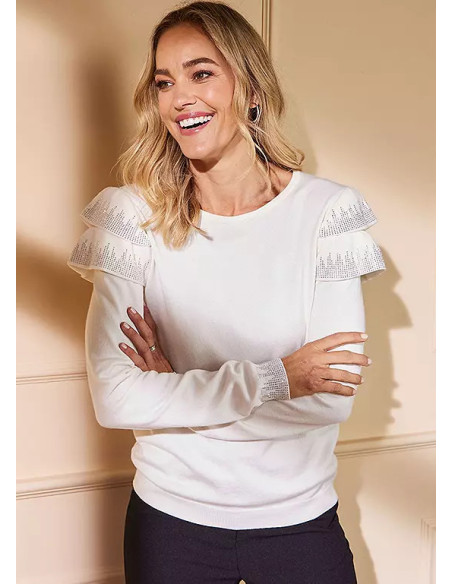 Kaleidoscope White Frill Shoulder Long Sleeve Jumper