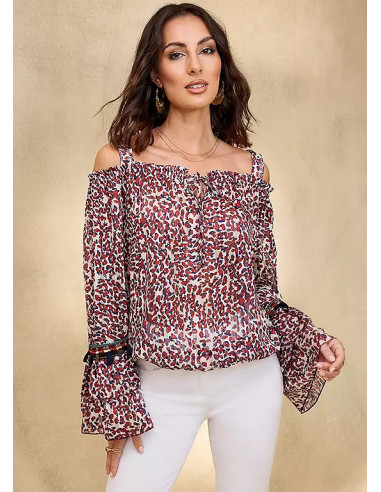 Together Animal Print Cold Shoulder Ruffle Trim Top