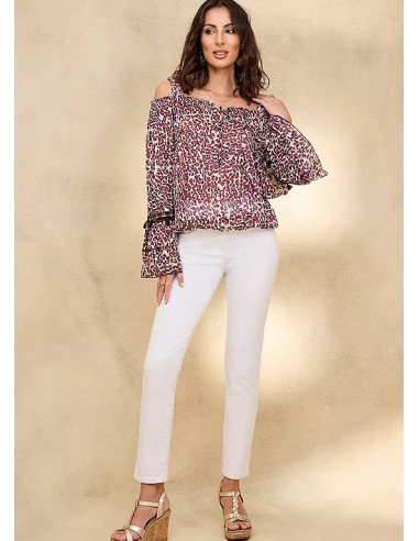 Together Animal Print Cold Shoulder Ruffle Trim Top