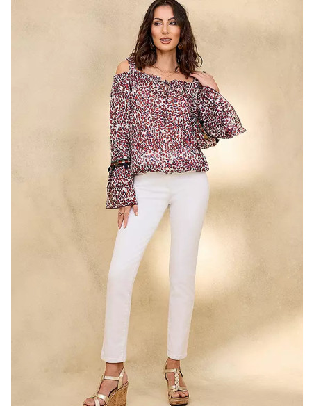 Together Animal Print Cold Shoulder Ruffle Trim Top