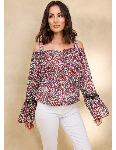 Together Animal Print Cold Shoulder Ruffle Trim Top