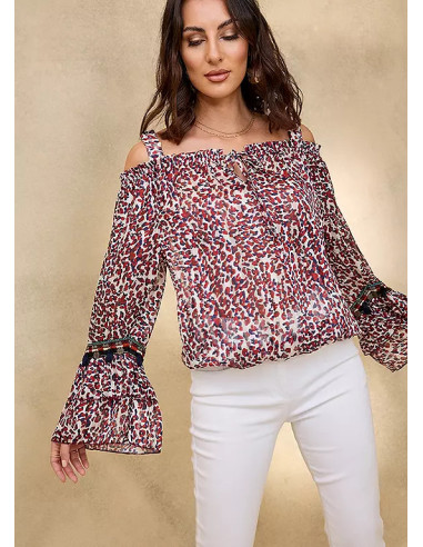 Together Animal Print Cold Shoulder Ruffle Trim Top