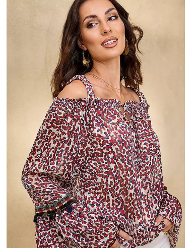 Together Animal Print Cold Shoulder Ruffle Trim Top