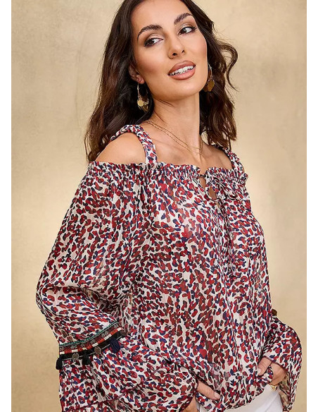 Together Animal Print Cold Shoulder Ruffle Trim Top