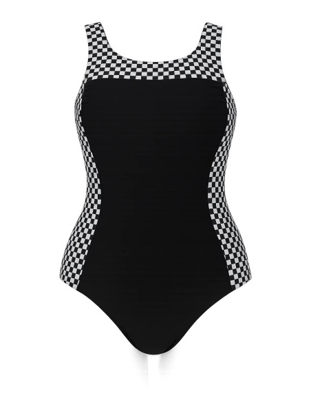 bonprix Black Chequered Print Shaper Plus Size Swimsuit