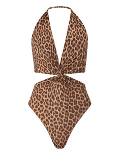 Gini London Animal Print Twisted Cut Out Halter Swimsuit