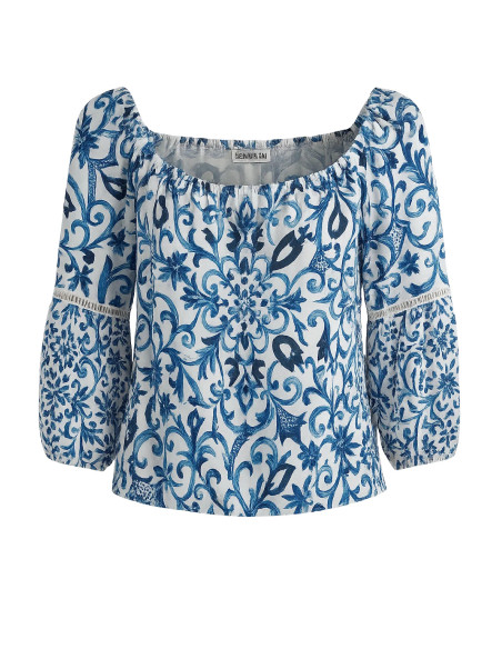 Kaleidoscope Blue & White Cuffed Chiffon Top