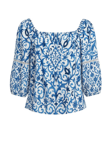 Kaleidoscope Blue & White Cuffed Chiffon Top