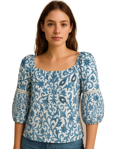 Kaleidoscope Blue & White Cuffed Chiffon Top