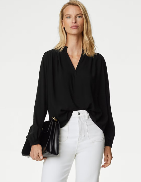 M&S Collarless Regular Fit Long Sleeve Blouse