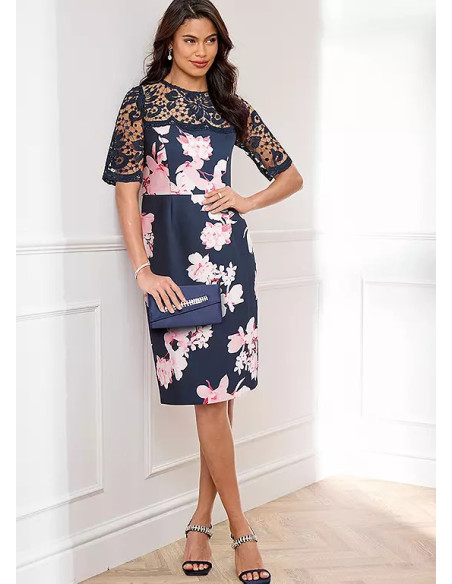 Kaleidoscope Navy Print Lace Trim Shift Dress