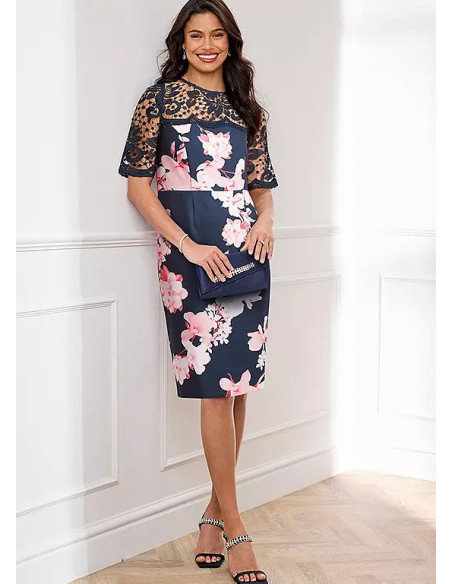 Kaleidoscope Navy Print Lace Trim Shift Dress