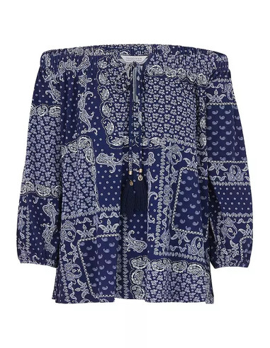 Together Blue Patchwork Gypsy Jersey Top with Tassels