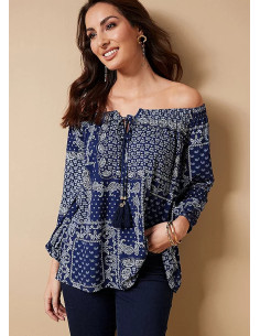 Together Blue Patchwork Gypsy Jersey Top with Tassels 2
